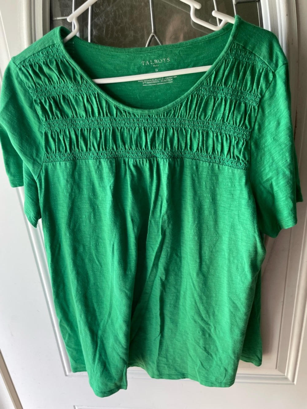 Talbots Green Short-Sleeve Smocked Yoke Tee